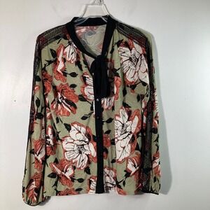 Womens Amana Tie Neck Floral Button Shirt Slinky Textured Embroidery S Lace Trim